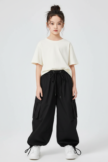 Pantalon Noir Cargo Ample Cordon Streetwear Fille - Toile