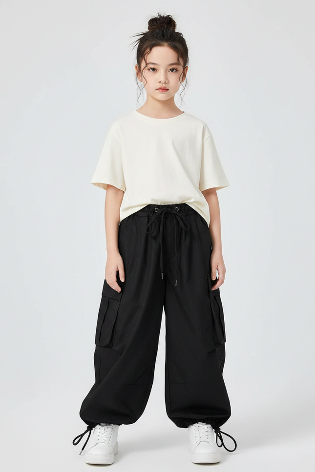 Pantalon Noir Cargo Ample Cordon Streetwear Fille - Toile
