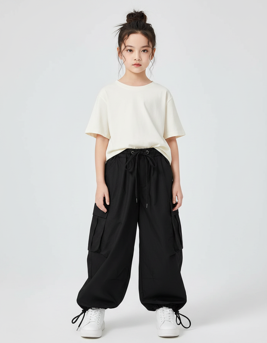 Pantalon Noir Cargo Ample Cordon Streetwear Fille - Toile