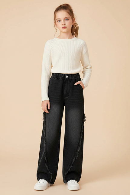 Pantalon Noir Fille Franges Larges Décontracté Denim - Jean