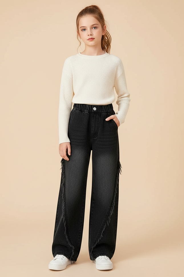 Pantalon Noir Fille Franges Larges Décontracté Denim - Jean