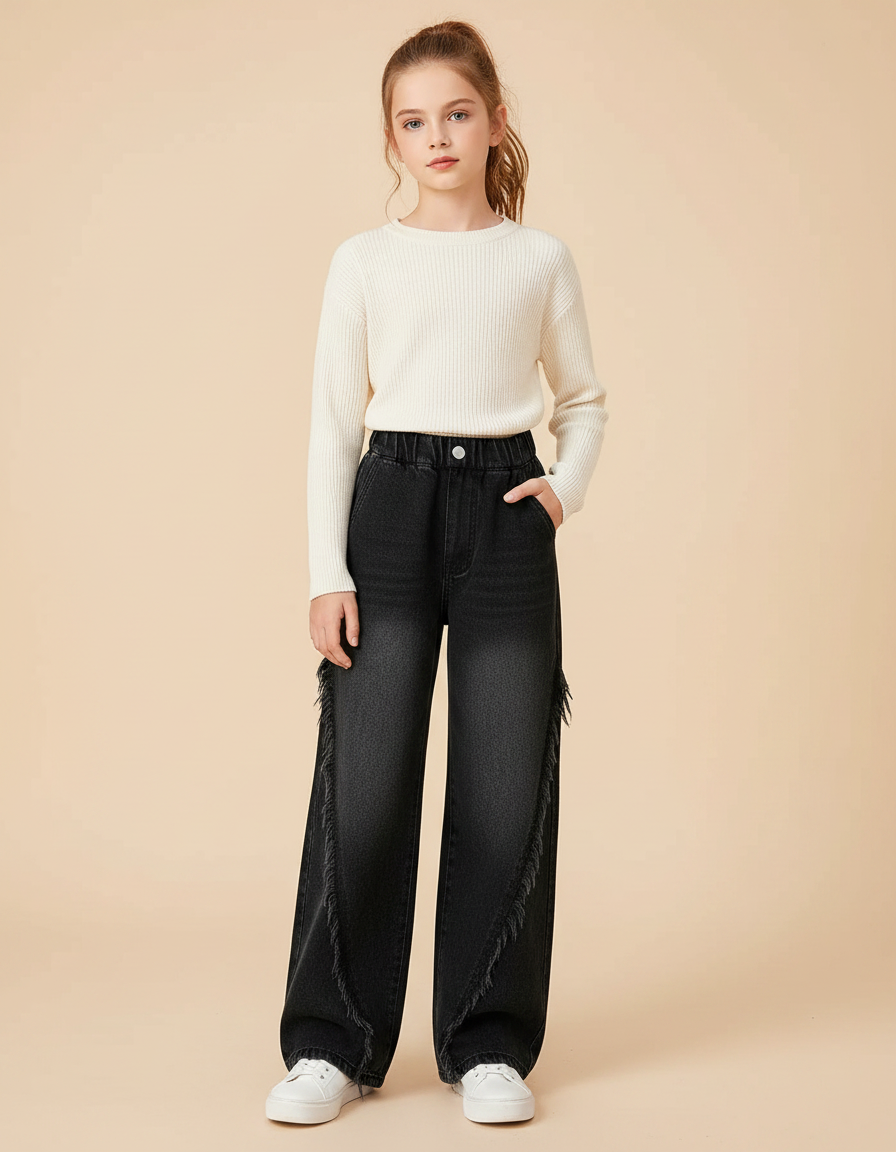 Pantalon Noir Fille Franges Larges Décontracté Denim - Jean