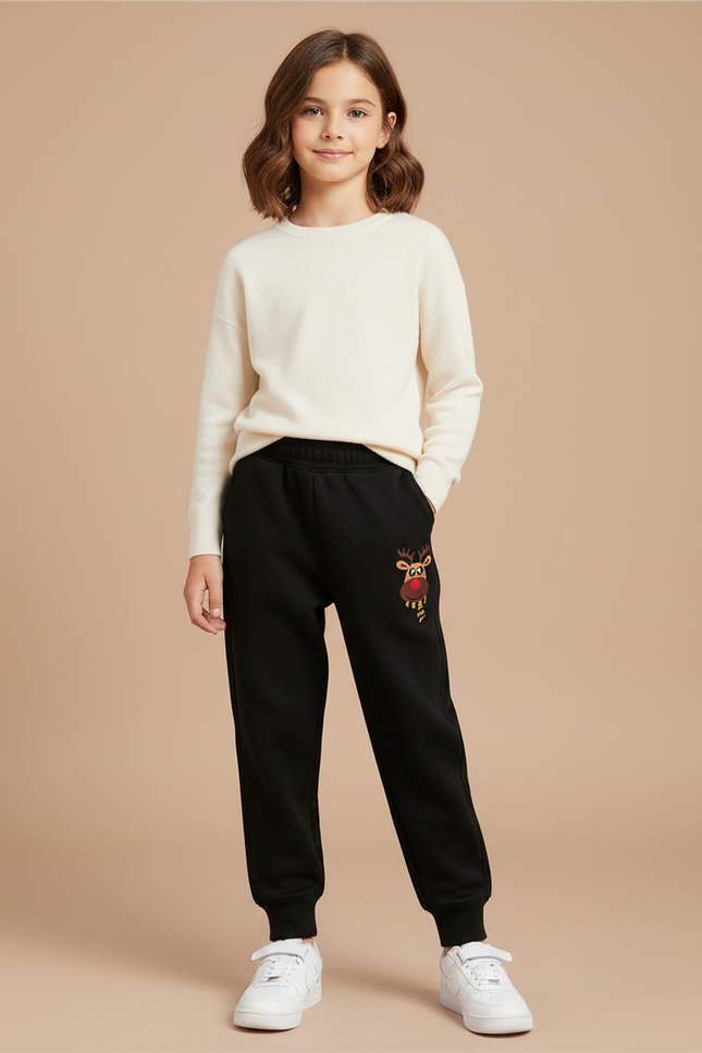Pantalon Noir Jogging Renne Noël Coton Enfant - Molleton