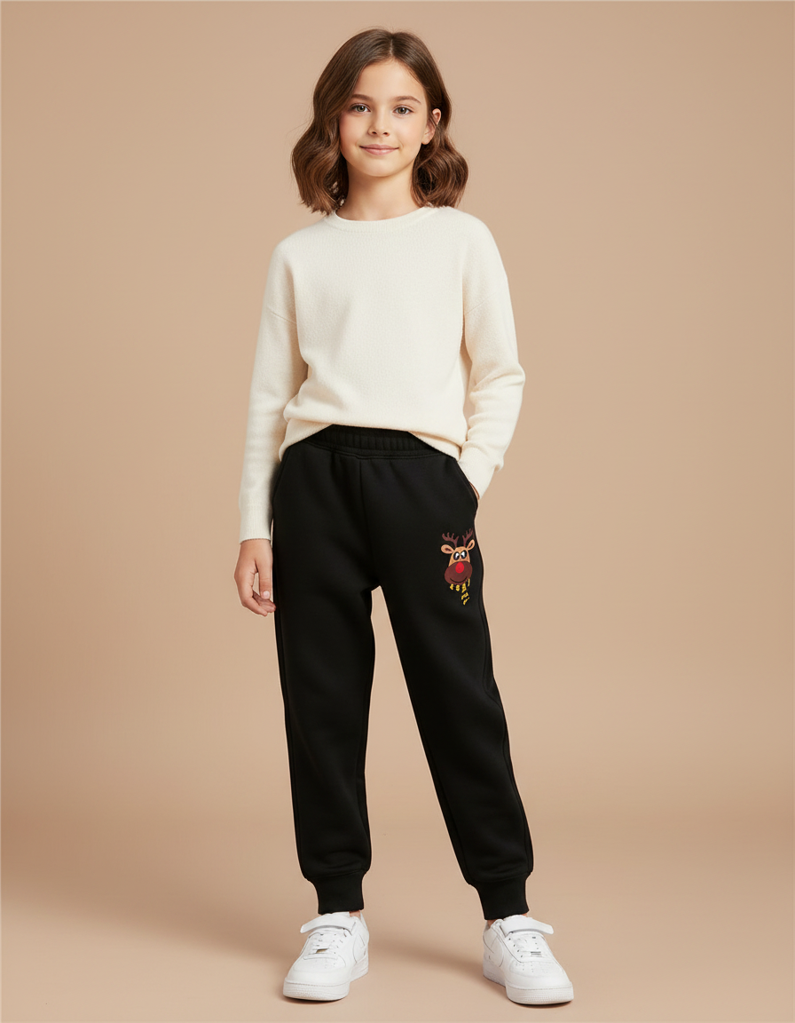 Pantalon Noir Jogging Renne Noël Coton Enfant - Molleton