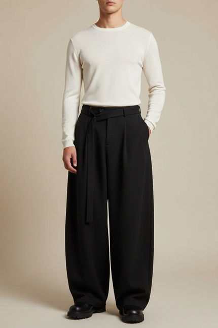 Pantalon Noir Ample Plissé Fluide Élégant Homme - Viscose