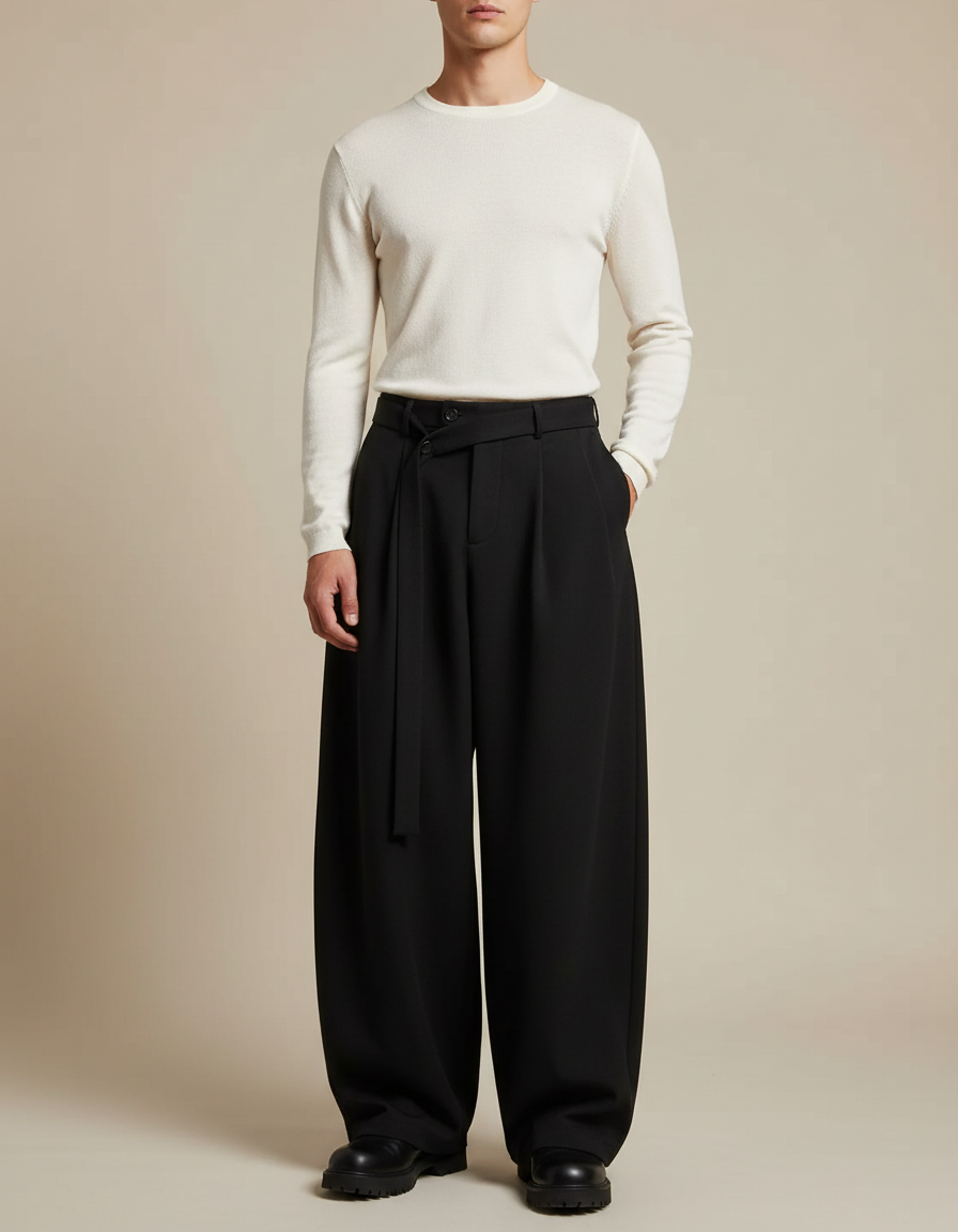 Pantalon Noir Ample Plissé Fluide Élégant Homme - Viscose