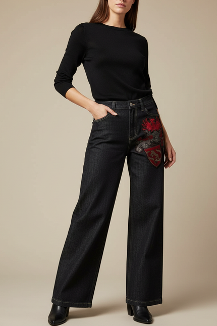 Pantalon Noir Jean Brodé Ample Taille Haute
