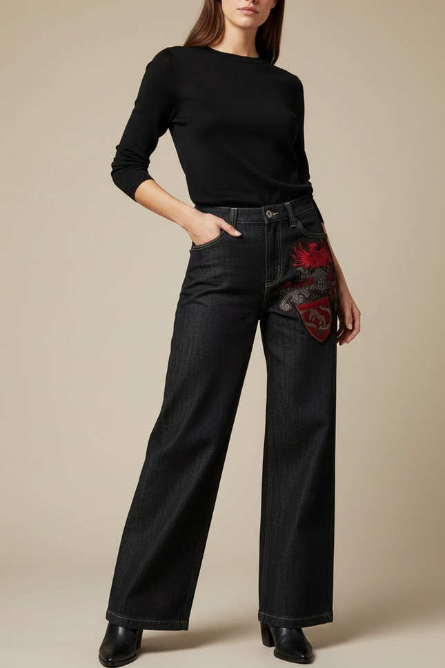 Pantalon Noir Jean Brodé Ample Taille Haute