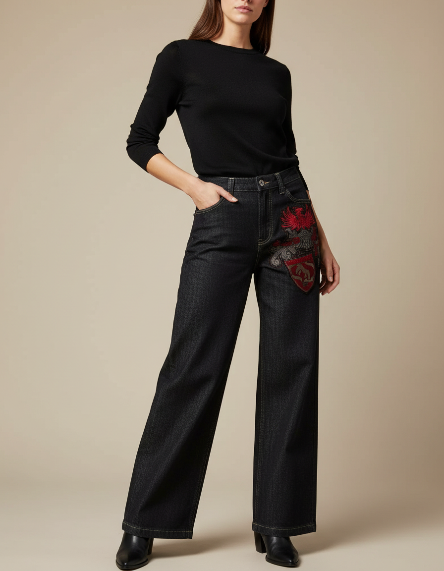 Pantalon Noir Jean Brodé Ample Taille Haute