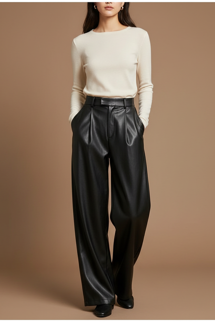 Pantalon Noir Similicuir Plissé Large Élégant Femme - Simili cuir