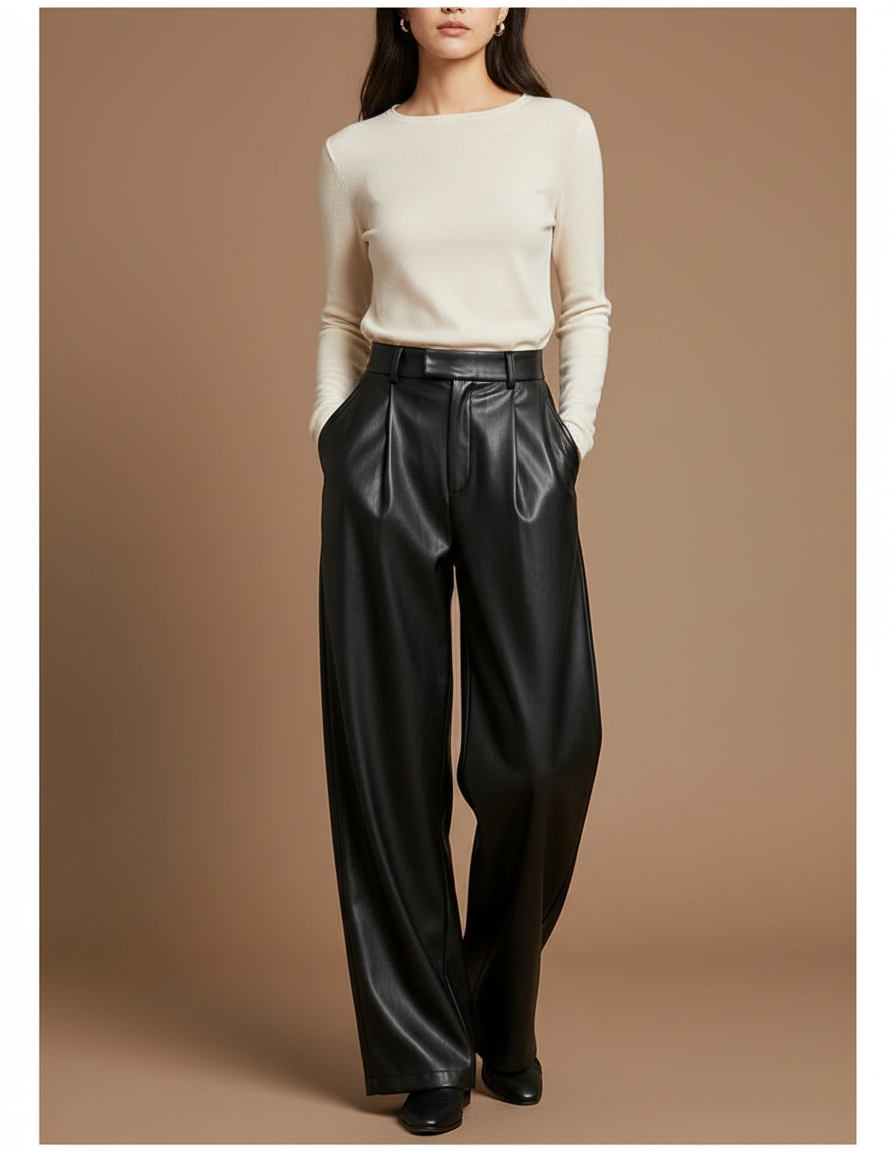 Pantalon Noir Similicuir Plissé Large Élégant Femme - Simili cuir