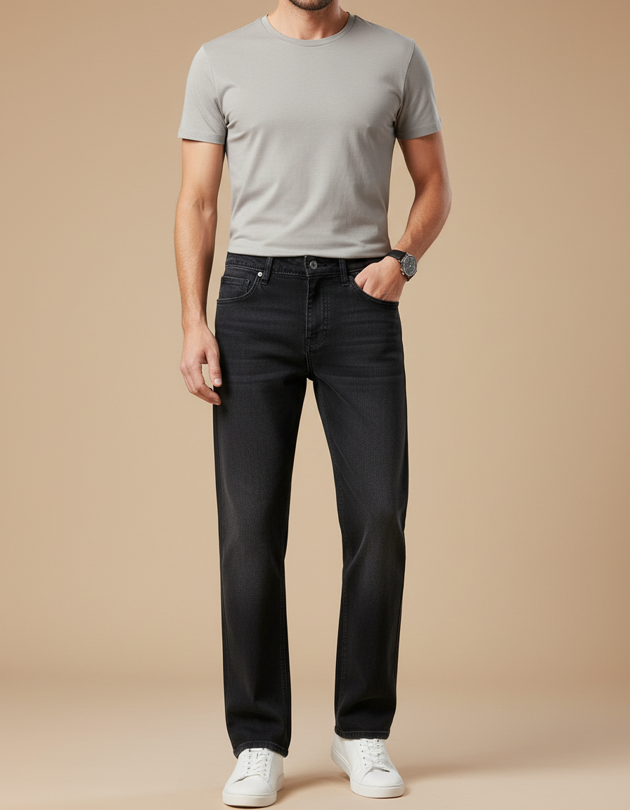 Pantalon Noir Denim Droit Décontracté Homme - Jean