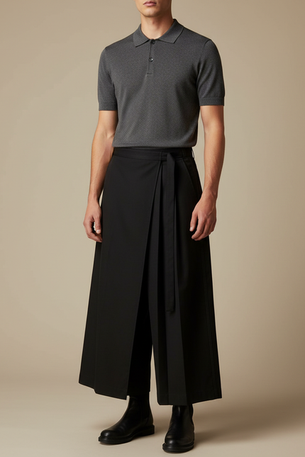 Pantalon Noir Plissé Ample Taille Haute Culotte - Gabardine
