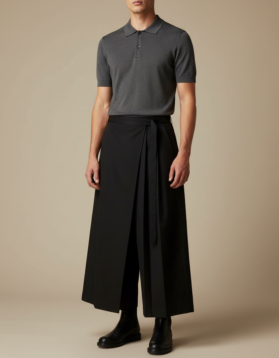 Pantalon Noir Plissé Ample Taille Haute Culotte - Gabardine