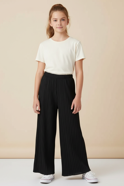 Pantalon Noir Plissé Ample Fille Confortable - Polyester