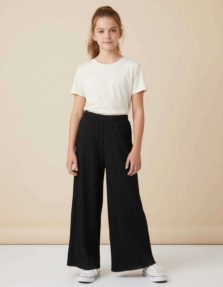 Pantalon Noir Plissé Ample Fille Confortable - Polyester