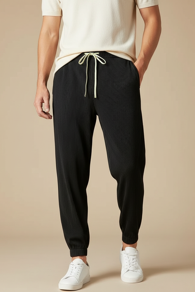 Pantalon Noir Plissé Ample Cordon Décontracté Homme - Polyester