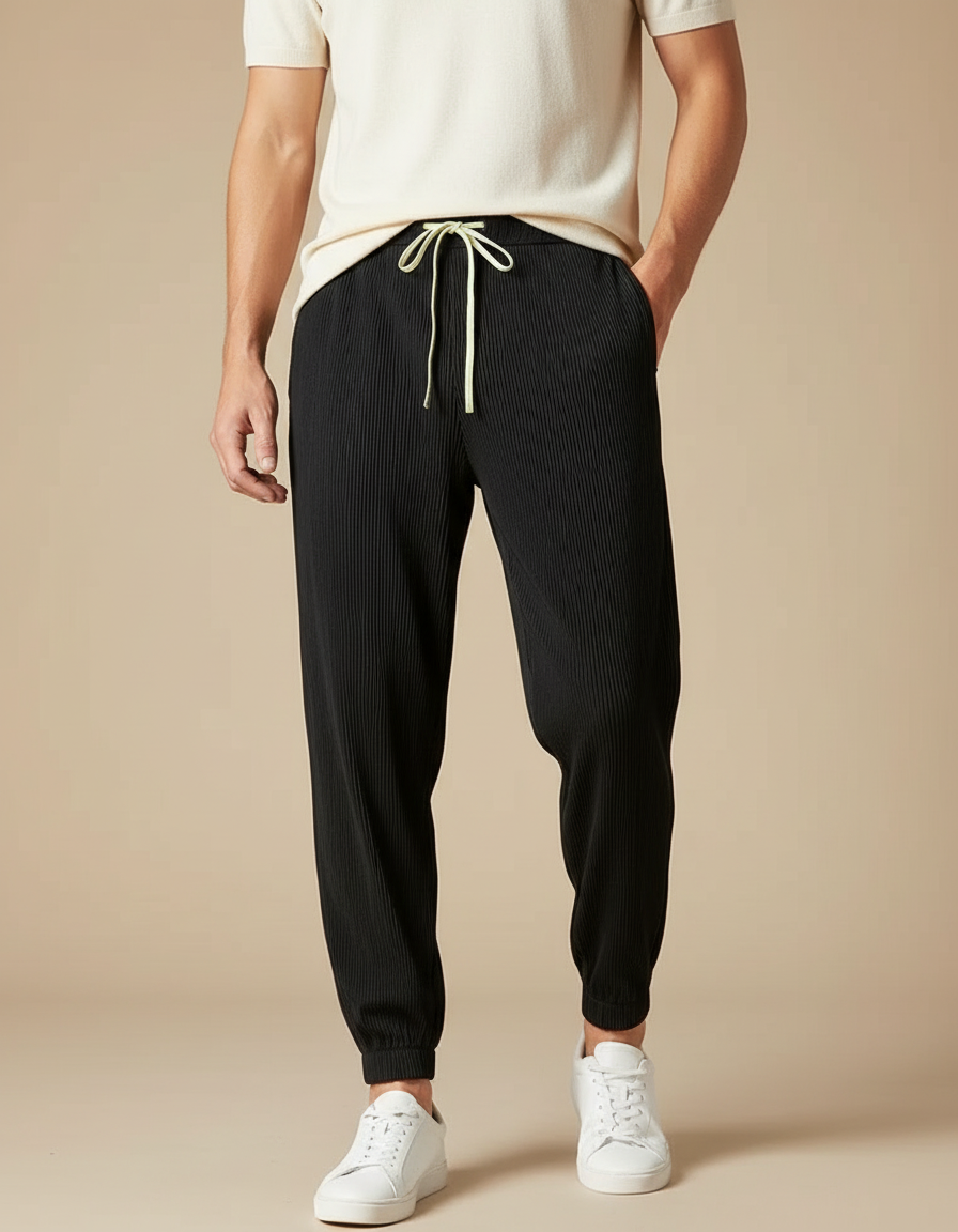 Pantalon Noir Plissé Ample Cordon Décontracté Homme - Polyester