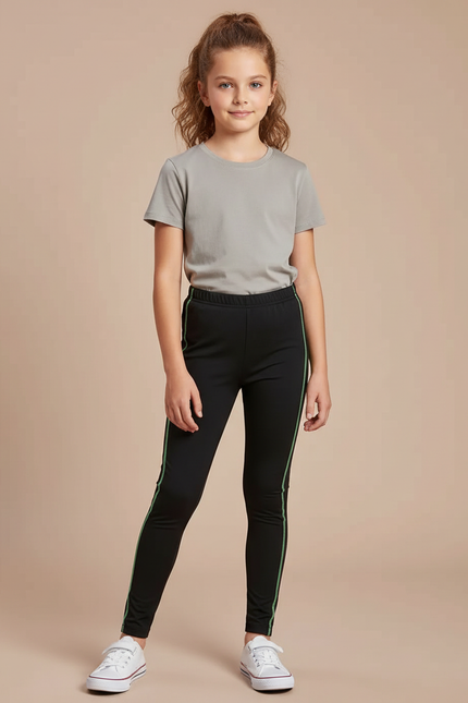 Pantalon Noir Legging Sport Enfants Rayures Vertes - Polyester