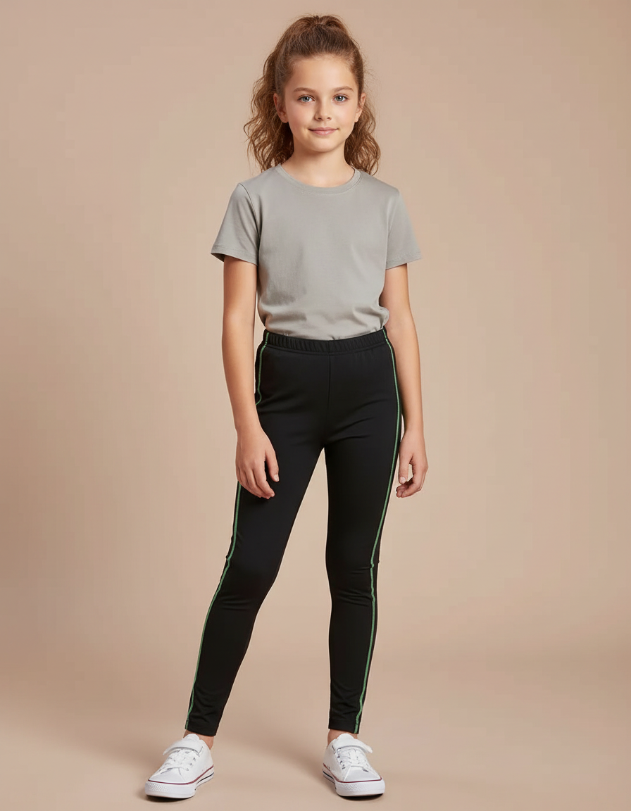 Pantalon Noir Legging Sport Enfants Rayures Vertes - Polyester