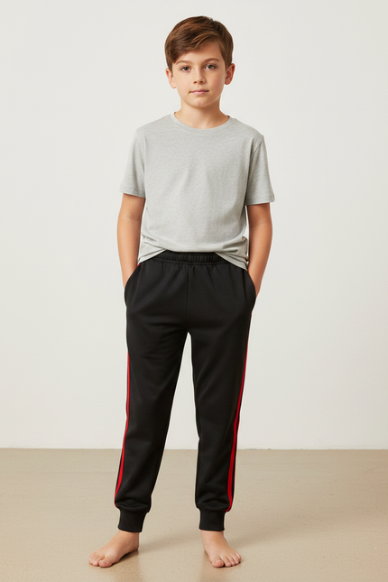Pantalon Noir Garçon Sport Rayures Rouges Coton - Molleton