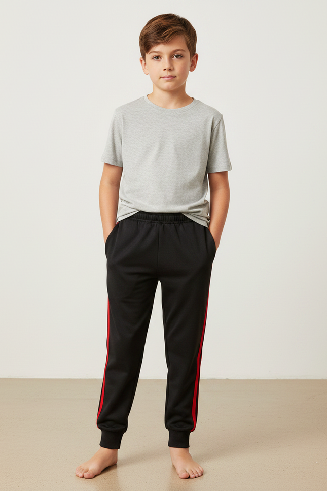 Pantalon Noir Garçon Sport Rayures Rouges Coton - Molleton