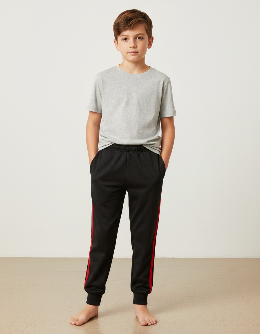 Pantalon Noir Garçon Sport Rayures Rouges Coton - Molleton