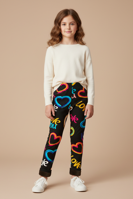 Pantalon Noir Imprimé Cœurs Colorés Fille Hiver - Molleton