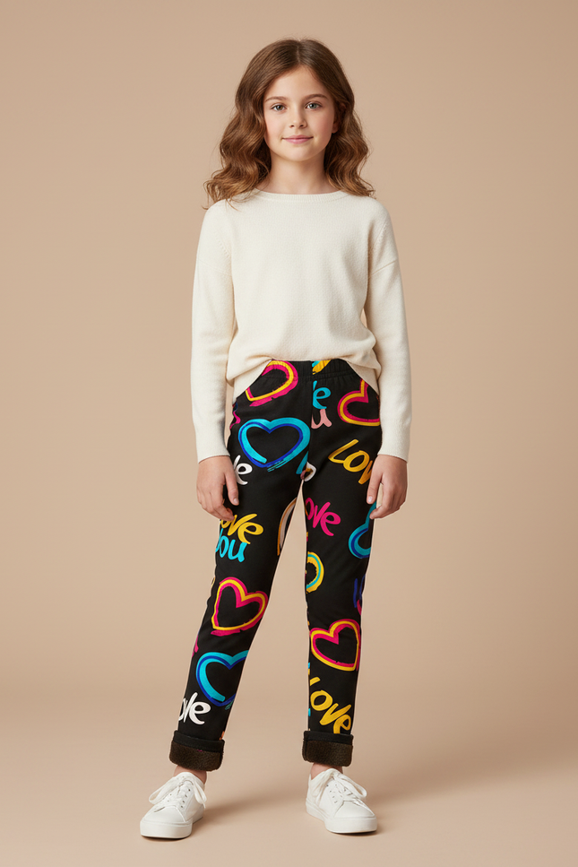 Pantalon Noir Imprimé Cœurs Colorés Fille Hiver - Molleton