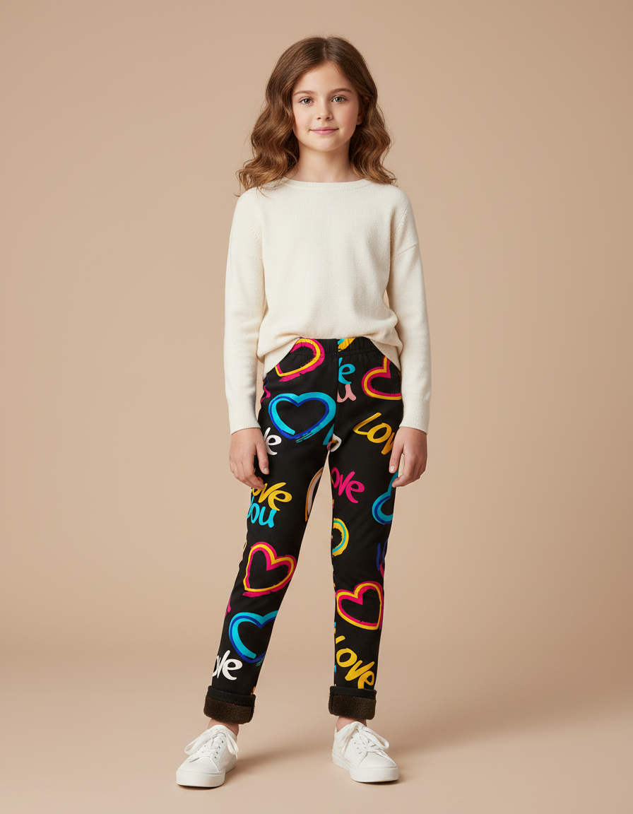Pantalon Noir Imprimé Cœurs Colorés Fille Hiver - Molleton
