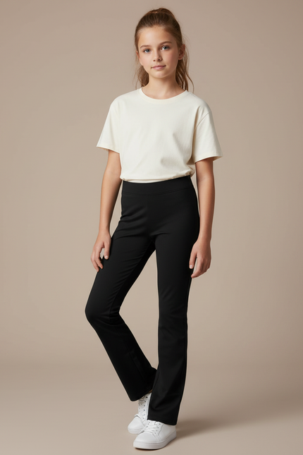 Pantalon Noir Taille Haute Évasé Fille Confortable - Maille