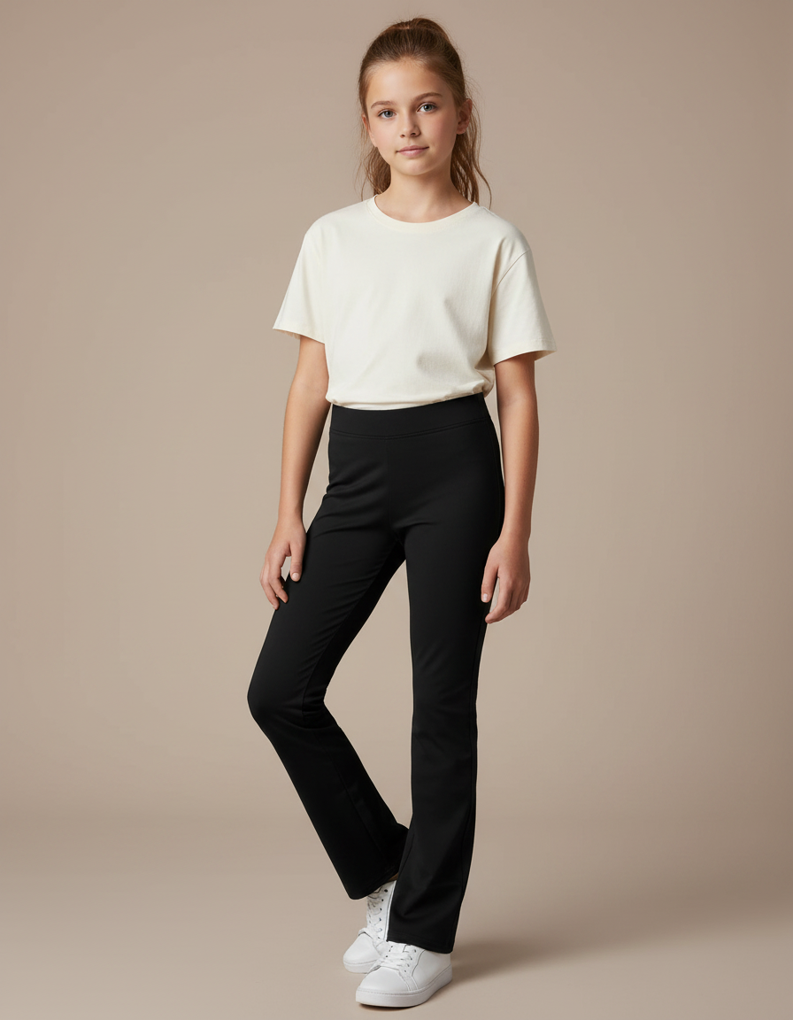 Pantalon Noir Taille Haute Évasé Fille Confortable - Maille