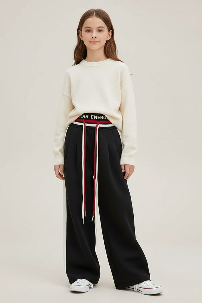 Pantalon Fluide Noir Avec Bande Blanche - Molleton