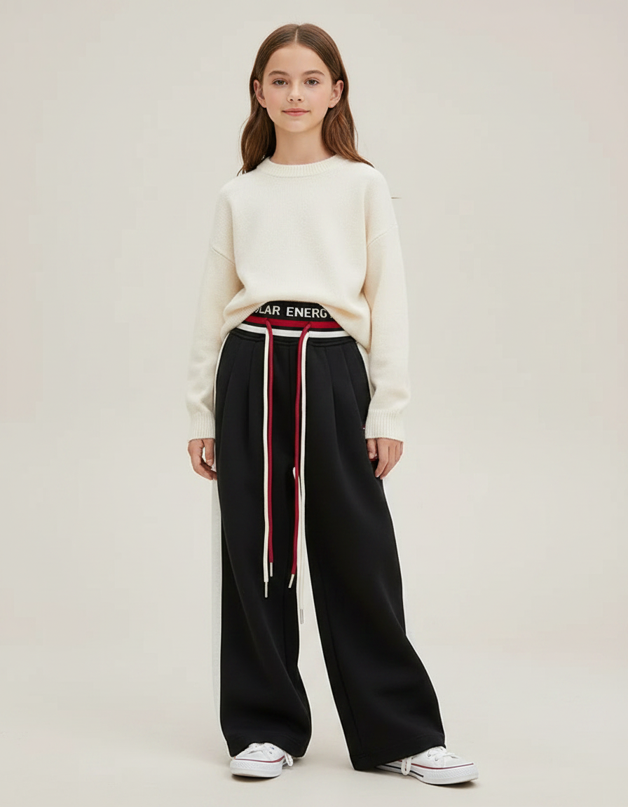 Pantalon Fluide Noir Avec Bande Blanche - Molleton