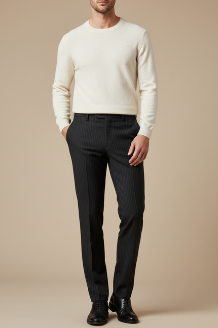 Pantalon Noir Rayé Habillé Élégant Homme Droit - Laine