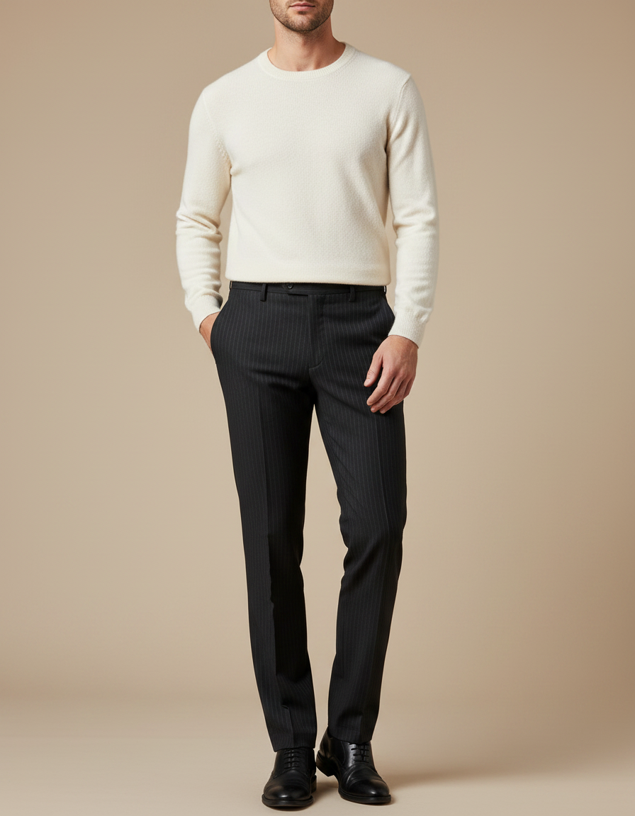 Pantalon Noir Rayé Habillé Élégant Homme Droit - Laine