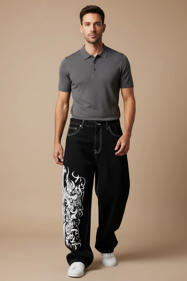 Pantalon Noir Denim Ample Tribal Streetwear - Jean