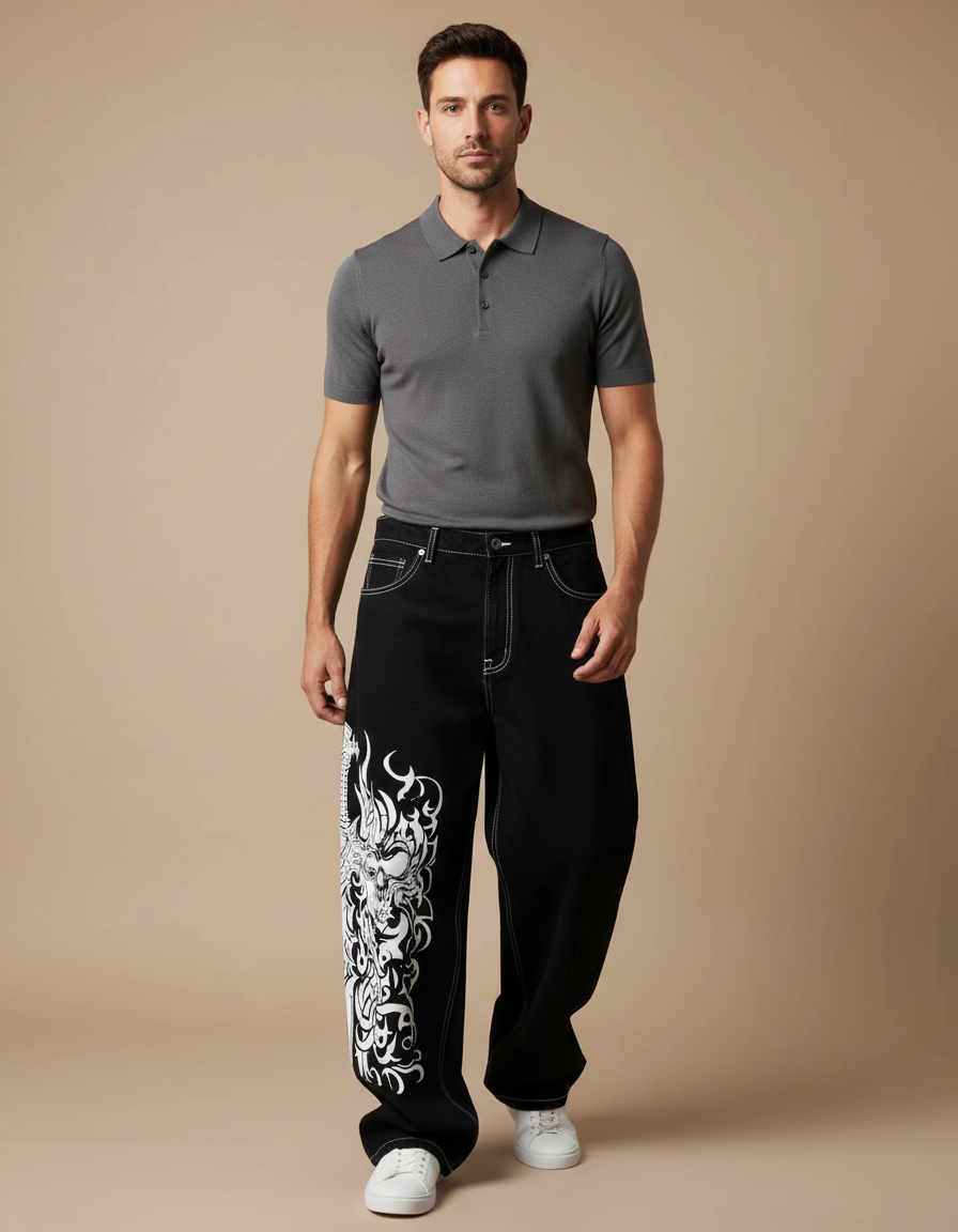 Pantalon Noir Denim Ample Tribal Streetwear - Jean