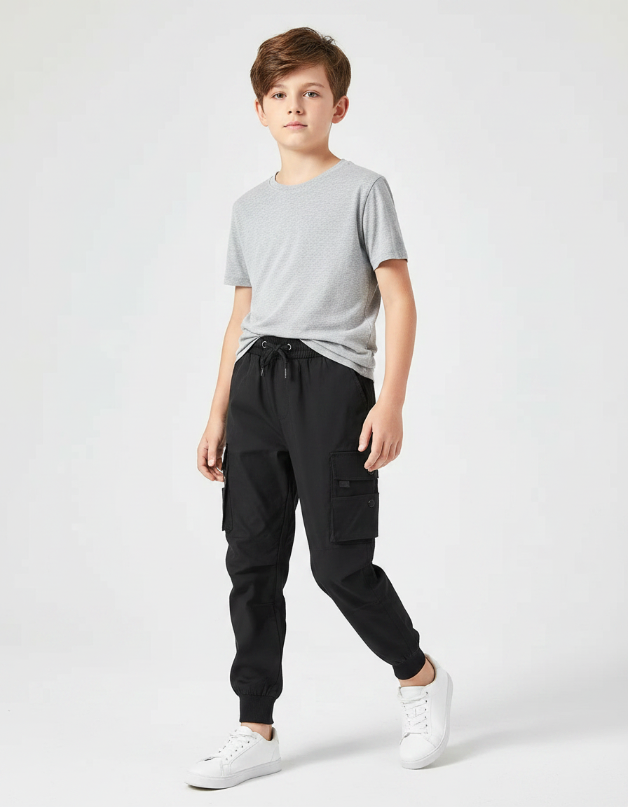 Pantalon Noir Cargo Jogging Décontracté Garçon - Polyester