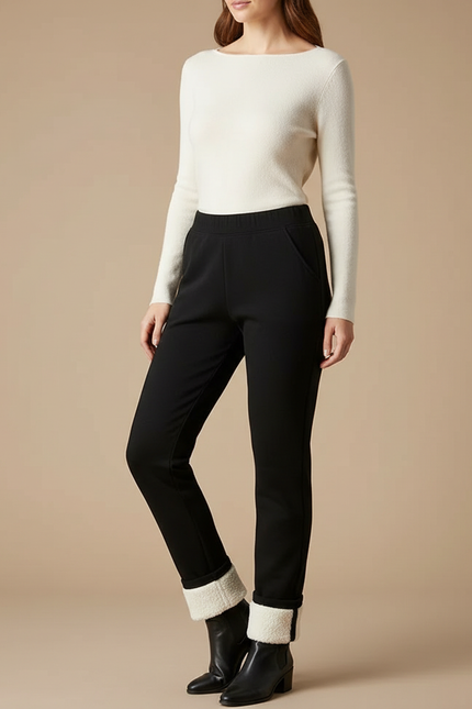 Pantalon Noir Doublé Polaire Chaud Femme - Polyester