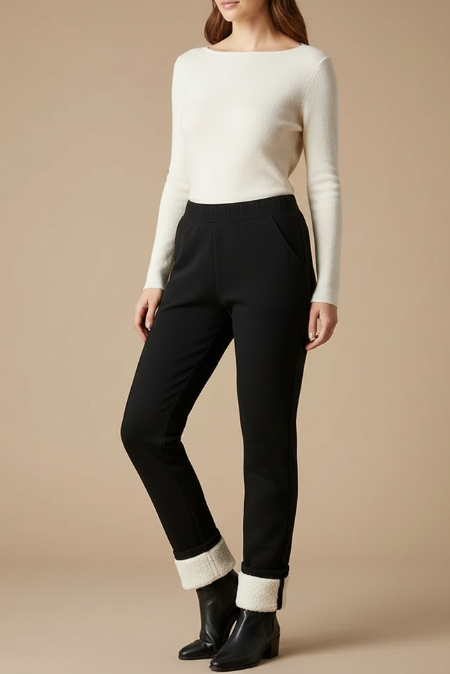 Pantalon Noir Doublé Polaire Chaud Femme - Polyester