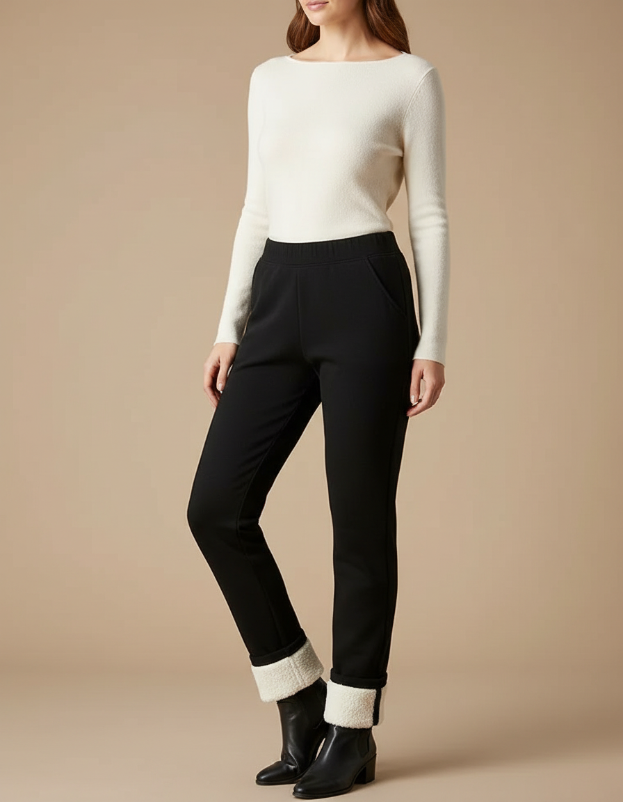 Pantalon Noir Doublé Polaire Chaud Femme - Polyester