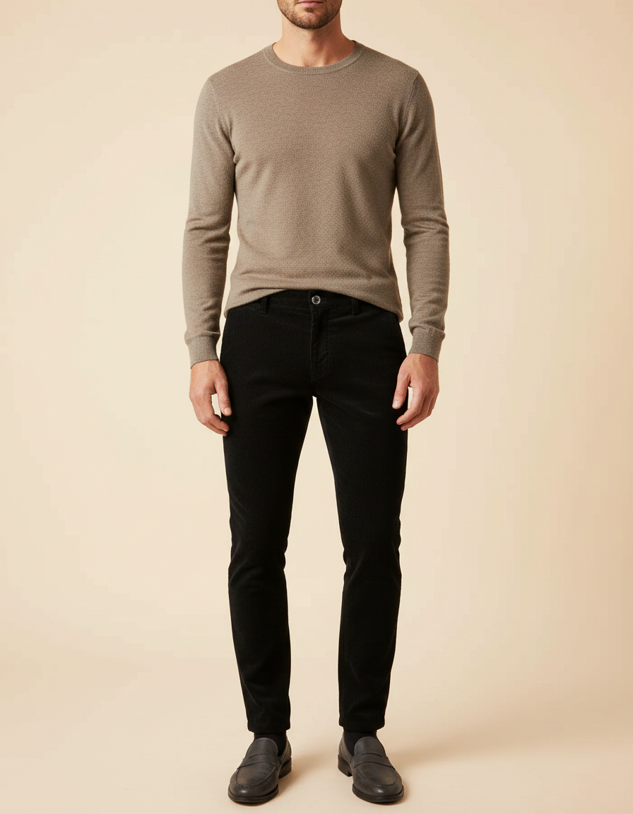 Pantalon Noir Côtelé Slim Élégant Homme - Cordé