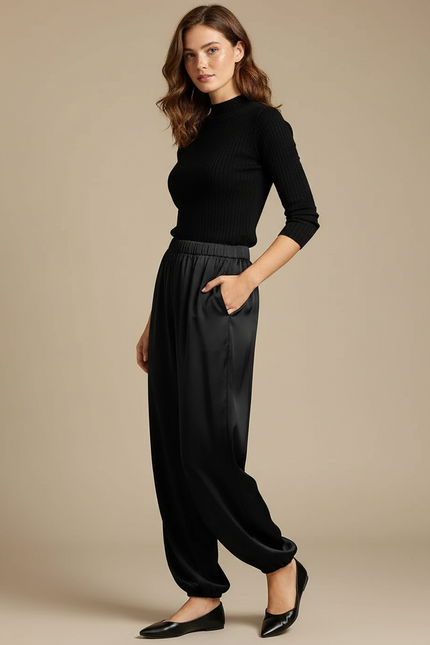Pantalon Noir Fluide Satin Ample Élégant Femme