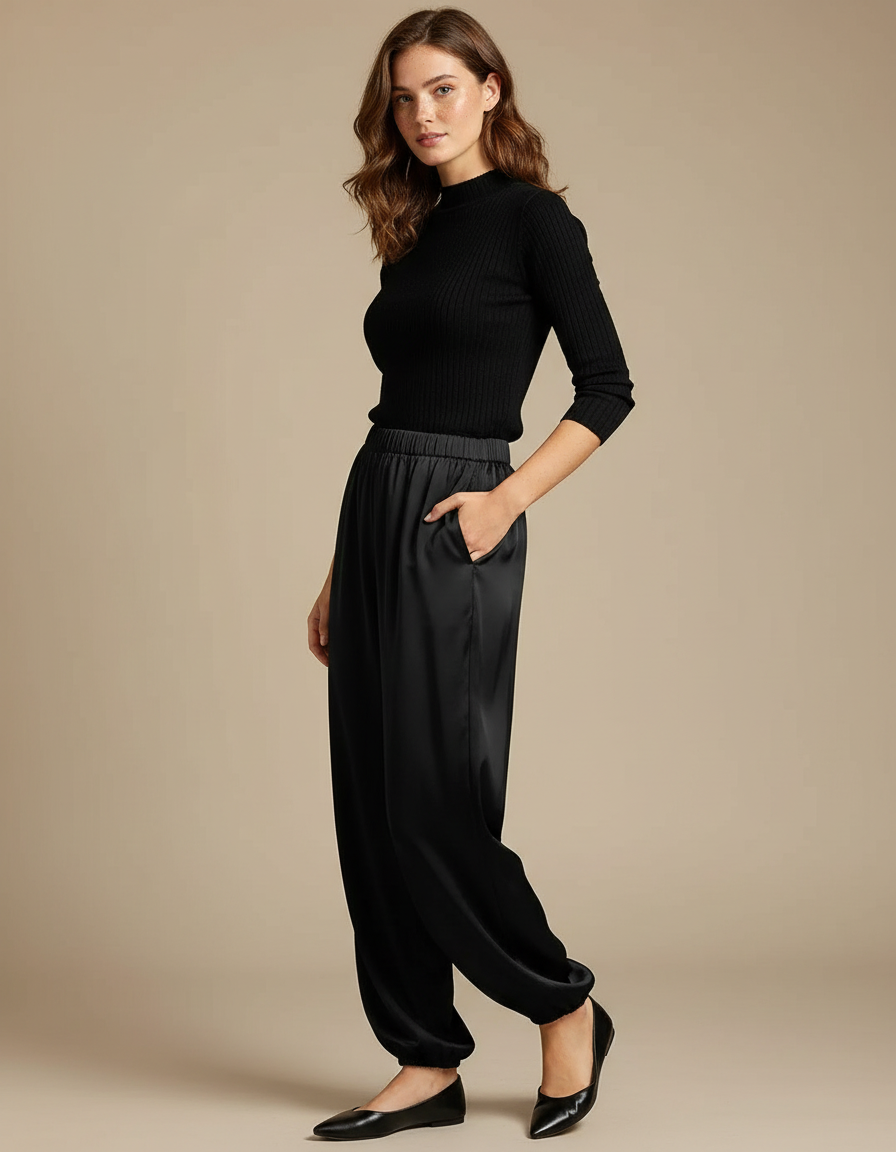 Pantalon Noir Fluide Satin Ample Élégant Femme