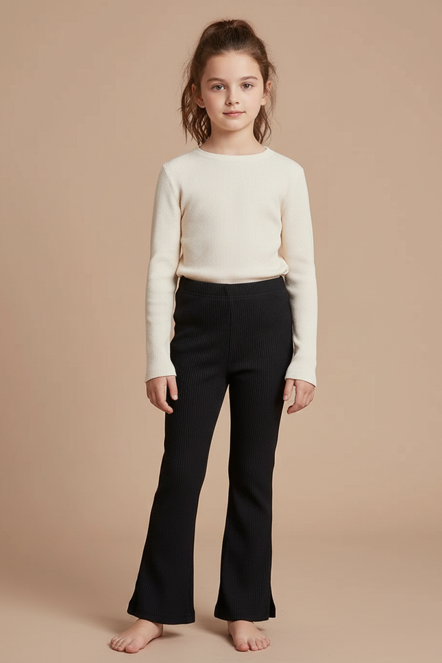 Pantalon Noir Côtelé Évasé Confortable Fille - Maille