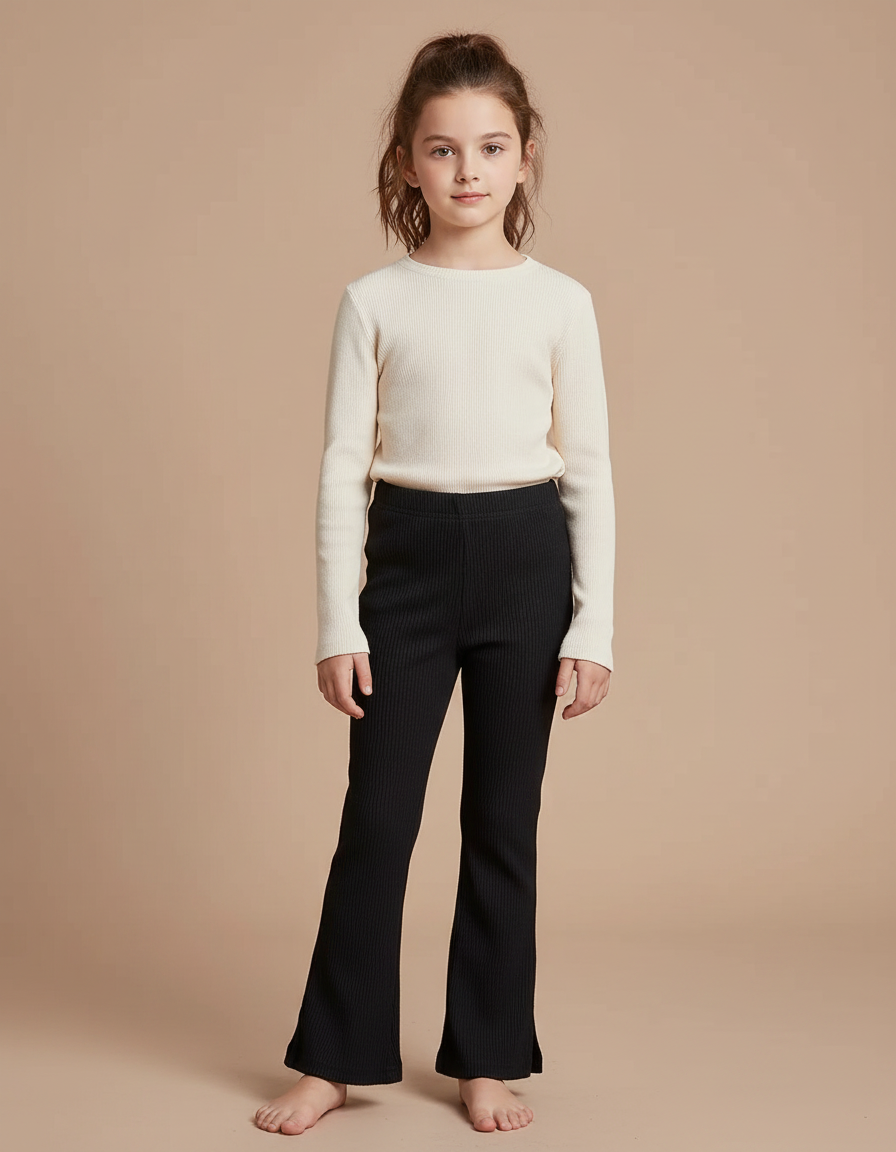 Pantalon Noir Côtelé Évasé Confortable Fille - Maille