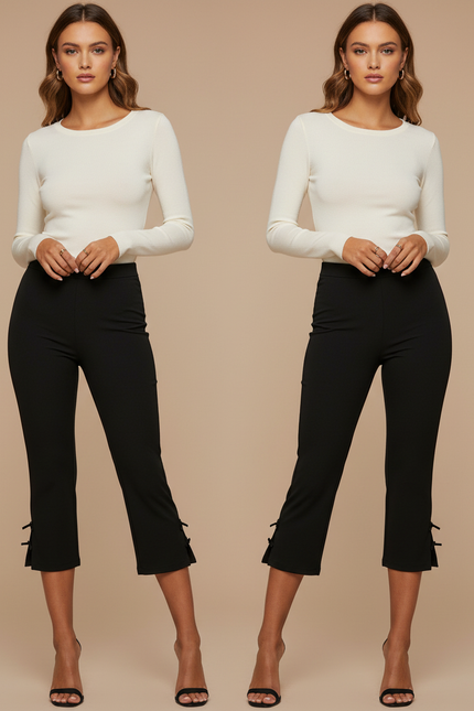 Pantalon Noir Capri Slim Fendu Nœuds Femme - Maille