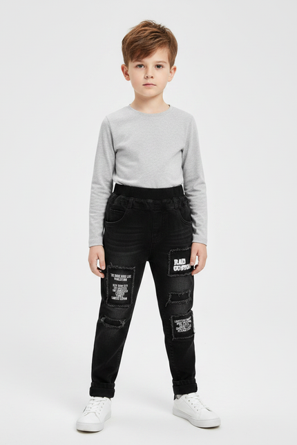 Pantalon Noir Garçon Patchs Imprimés Déchirés Slim Denim - Jean