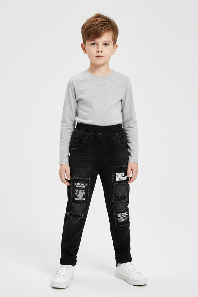 Pantalon Noir Garçon Patchs Imprimés Déchirés Slim Denim - Jean